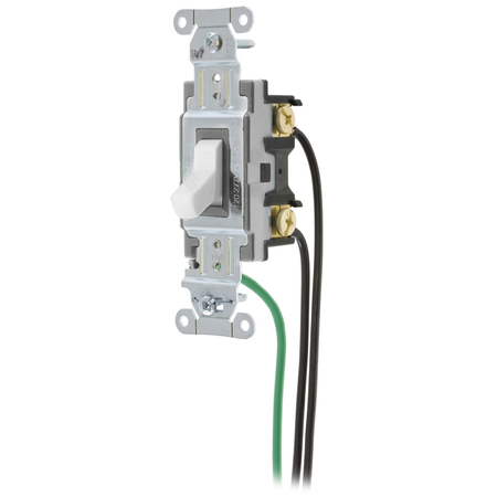 HUBBELL WIRING DEVICE-KELLEMS Spec Grade, Toggle Switches, General Purpose AC, Single Pole, 15A 120/277V AC, Back and Side Wired, Pre-Wired with 8" #12 THHN CSL115W